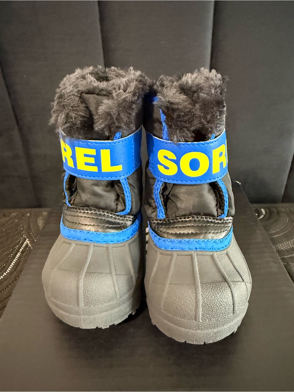 Sorel Kids Black and Blue Snow Boots with Yellow Logo